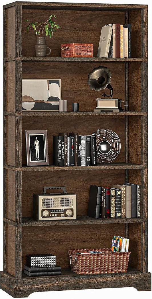 TVU 5-Tier Solid Wood Book Shelf, Floor Standing Bookcase, 65" H × 31.5" W × 11.8" D Bookshelf, Farmhouse Style Book Case with Arched Base, Suitable for Living Room, Study, Office, Walnut