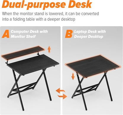 WOHOMO Folding Computer Desk with Adjustable Height, 23.6" x 31.5" x 25.6" Foldable Table with Monitor Stand, Small Office Desk for Bedroom, Space Saving Desk for Home Office, Easy Assemble, Black