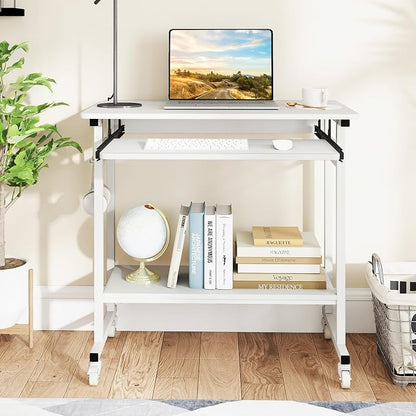 Giantex Rolling Computer Desk, Mobile Portable Desk with Keyboard Tray & Wheels, Laptop PC Table Cart with Shelf & Hooks, Industrial Small Desk for Small Spaces, Home Office, Bedroom, White