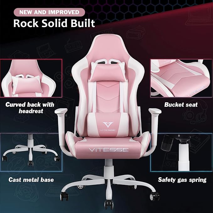 Gaming Chair High Back Gaming Chair for Teens, Ergonomic Racing Chair Computer Desk Chair with Massage Lumbar Support and Headrest, Cute Gamer Chair with Height Adjustable (Pink)