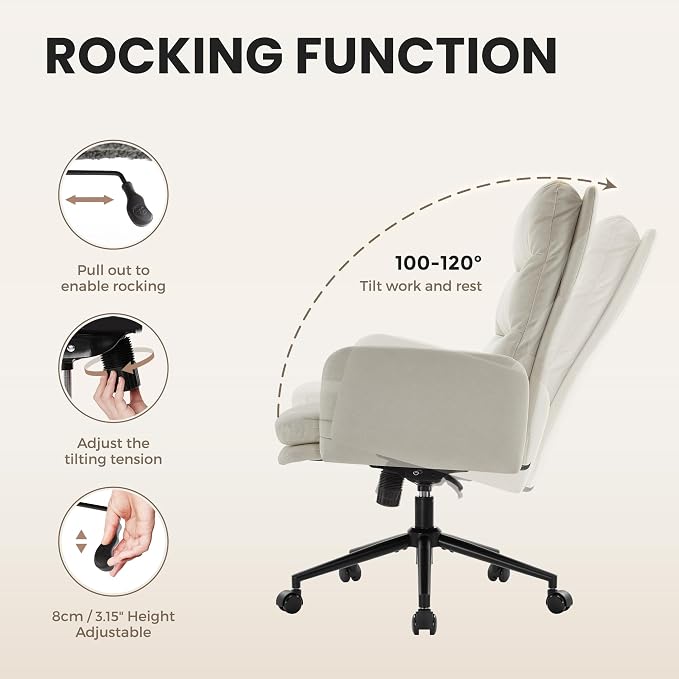 IWMH Swivel Home Office Chair,High-Back Armchair,Makeup Chair with Wheels and Armrests,Height Adjustable Desk Chair Upholstered Computer Task Chair, Leisure Armchair (Beige)