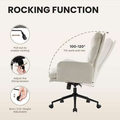 IWMH Swivel Home Office Chair,High-Back Armchair,Makeup Chair with Wheels and Armrests,Height Adjustable Desk Chair Upholstered Computer Task Chair, Leisure Armchair (Beige)