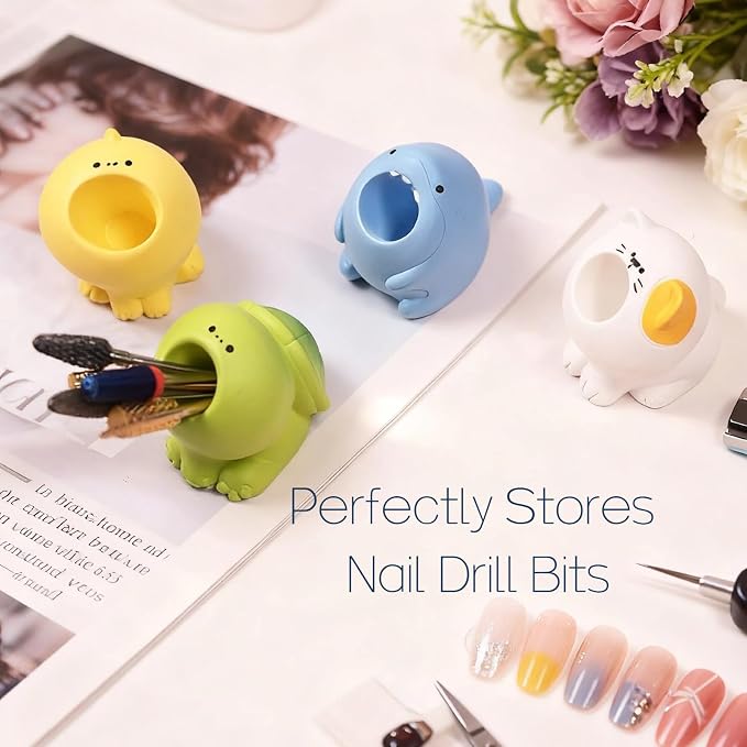 Cute Nail Drill Bit Holder, Nail Art Pen Brush Wash Cup, Small Pen Pencil Holder, Kawaii Resin Animal Paper Clip Toothbrush Mini Storage Organizer Office Desk Decorations (Dinosaur+Tortoise, S)