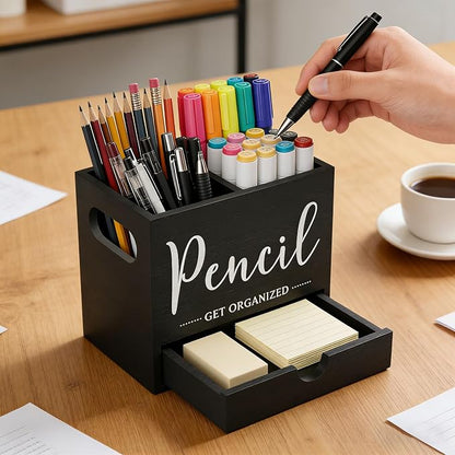 Pencil Pen Holder for Desk, Wooden Marker Holder with Drawer, 2 Slots Dual-Purpose Desk Organizers Art Supplies for Home, Office (Black)