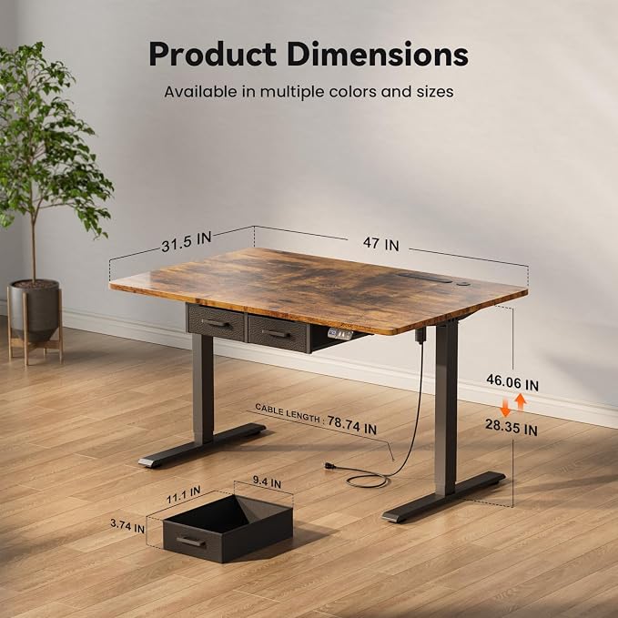 HLDIRECT Electric Standing Desk, 47 x 31.5 Inches Height Adjustable Table with Outlets, Sit Stand Computer Desk with Drawers for Home Office, Ergonomic Rising Workstation, Rustic Brown