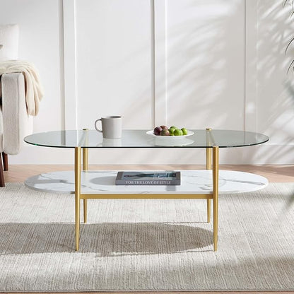 LumFurn Oval Coffee Table, Mid-Century Modern Design, L41 x W21 x H17 inch, for Living Room, Clear Glass Top, White Marble Finish Wood Shelf & Gold Finish Frame