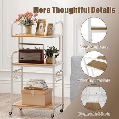 GOFLAME 3-Tier Mobile Printer Stand, Rolling Printer Table with Storage Shelves, 10 S-Shaped Hooks, Lockable Wheels, Home Office Rolling Cart for Shredder, Scanner, Fax (Natural + White)