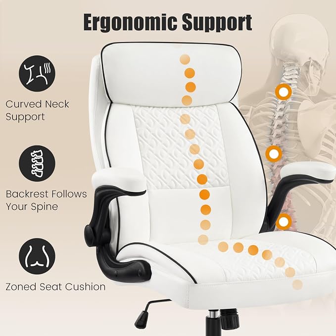 White Office Chair 400lbs, Modern Executive Desk Chair with Lumbar Support, Comfortable Computer Chair with Flip-up Armrests, Adjustable Height Swivel Reclining Chair for Home Office, Faux Leather