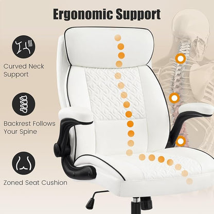 White Office Chair 400lbs, Modern Executive Desk Chair with Lumbar Support, Comfortable Computer Chair with Flip-up Armrests, Adjustable Height Swivel Reclining Chair for Home Office, Faux Leather
