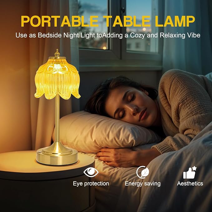 Cordless Lotus Flower Table Lamp, 5200mAh Rechargeable Battery Operated Portable Lamp, 3-Color Dimmable Touch Control Small Desk Lamp for Bedroom, Office, Kitchen, Nightstand,Room Decor (Yellow)