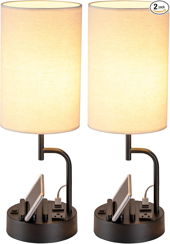 Dreamholder Table Lamp with 3 USB Charging Ports, Modern Desk Lamp with AC Outlet and Phone Stands, Perfect Bedside Lamp for Bedroom, Living Room, Office (Pack of 2), Cream