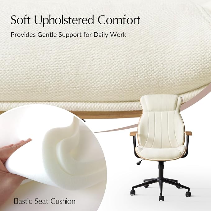HULALA HOME Solid Wood Office Chair with Tilt Function, Mid Century Modern Bentwood Desk Chair with High Backrest, Height Adjustable Swivel Fabric Computer Task Chair, Ivory