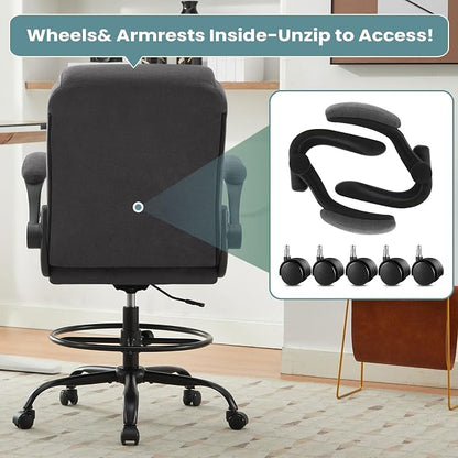 MAHOMICO Drafting Chair for Standing Desk – Tall Office Chair with Adjustable Height & Foot Ring, Flip-Up Arms, Lumbar Support – Comfortable Fabric Seat, Ideal Home Desk Chair