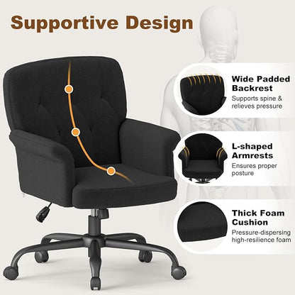 Comfy Home Office Desk Chair, Upholstered Fuzzy Vanity Chair with Wheels and Arms, Modern Adjustable Swivel Computer Seat for Living Room, Bedroom, Make Up, Home Office, Teddy Fleece, Black