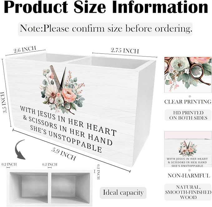 Christian Hairstylist Pen Holder for Desk, Hairdresser Hairstylist Gifts Wooden Box Sign Desk Decor for Hair Beauty Salon Barber Shop Decoration, Barber Gifts Pencil Organizer