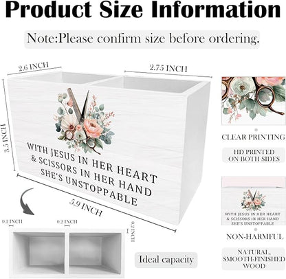 Christian Hairstylist Pen Holder for Desk, Hairdresser Hairstylist Gifts Wooden Box Sign Desk Decor for Hair Beauty Salon Barber Shop Decoration, Barber Gifts Pencil Organizer