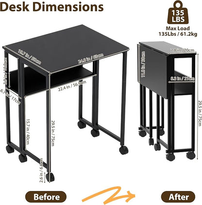 Folding Desk with Storage Shelf, 24.8 Inch Foldable Computer Table with Wheels for Small Spaces,Space Saving Sofa Table for Couch, Rolling Writing Work Office Computer Desk, Easy to Fold,Black