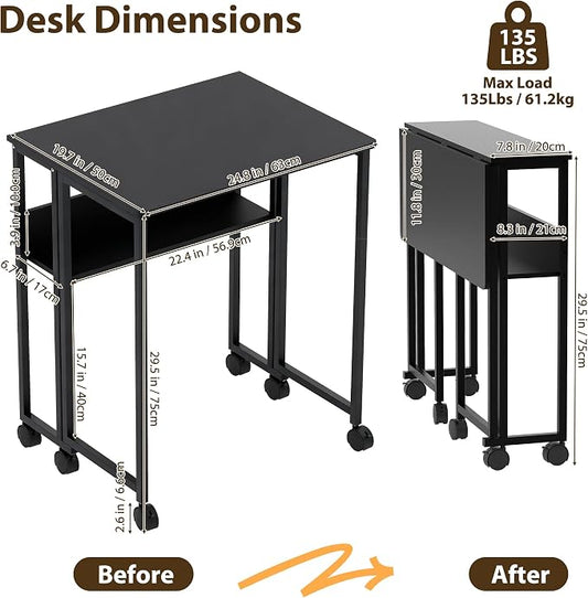 Folding Desk with Storage Shelf, 24.8 Inch Foldable Computer Table with Wheels for Small Spaces,Space Saving Sofa Table for Couch, Rolling Writing Work Office Computer Desk, Easy to Fold,Black