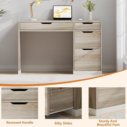 MaverickFurni 48 Inch Small Desk with Drawers, Computer Desk with Storage File Drawer for Bedroom, Office Desk with Storage for Small Space, Light Walnut
