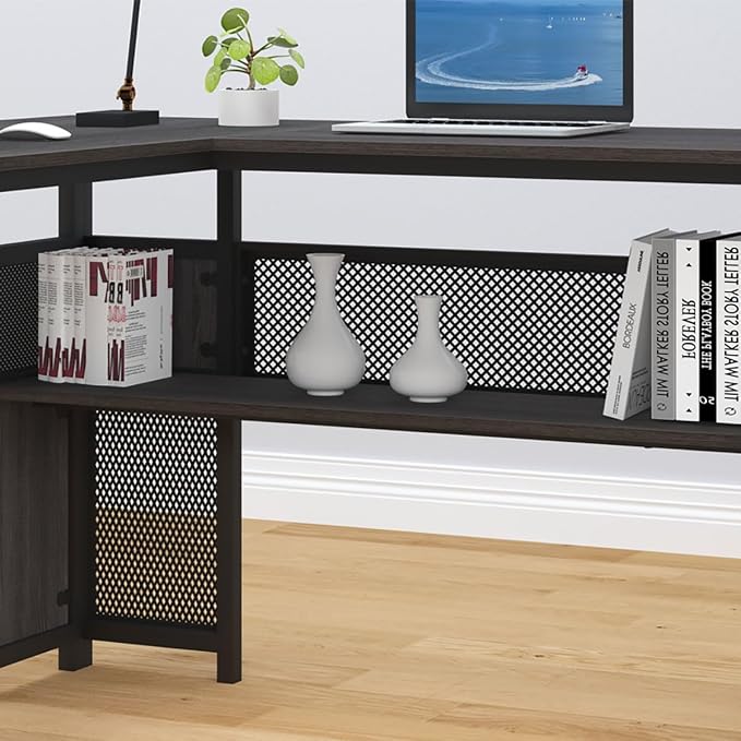HSH L Shaped Corner Home Office Desk with Drawers, Large Computer Desk with Storage File Cabinet Shelves, Rustic Wood Metal Computer Table for Bedroom Executive Work Study Writing, Dark Gray, 59 Inch