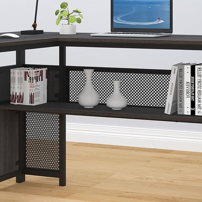 HSH L Shaped Corner Home Office Desk with Drawers, Large Computer Desk with Storage File Cabinet Shelves, Rustic Wood Metal Computer Table for Bedroom Executive Work Study Writing, Dark Gray, 59 Inch