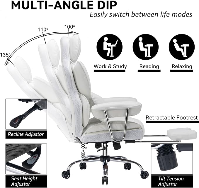 Efomao Big and Tall Office Chair, 400lbs Heavy Duty High Back Executive Chair with 23.6" Extra Wide Seat, PU Leather Desk Chair with Footrest and Padded Armrests, White