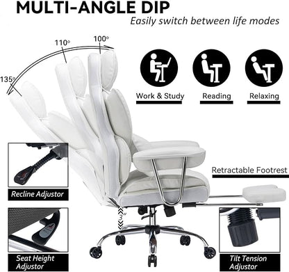 Efomao Big and Tall Office Chair, 400lbs Heavy Duty High Back Executive Chair with 23.6" Extra Wide Seat, PU Leather Desk Chair with Footrest and Padded Armrests, White