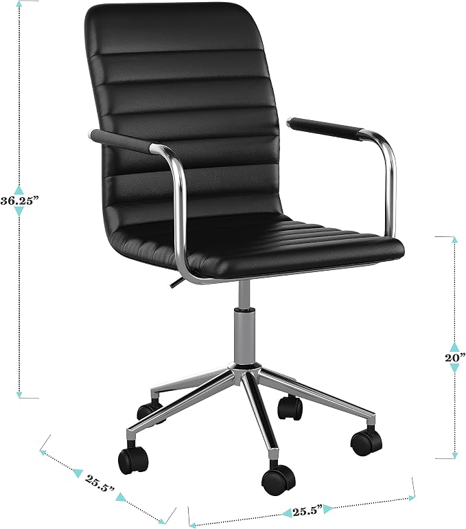 Martha Stewart Taytum Swivel Task Chair with Armrests for Home Office in Black Faux Leather with Polished Nickel Frame