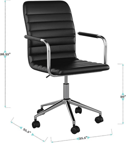 Martha Stewart Taytum Swivel Task Chair with Armrests for Home Office in Black Faux Leather with Polished Nickel Frame