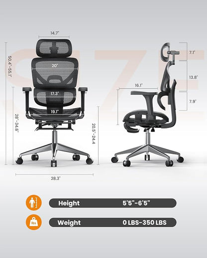 naspaluro Ergonomic Office Chair, High Back Desk Chair with Adaptive Lumbar Support & 3D Wide Headrest, 3D Armrests, Footrest, Swivel Computer Chair for Home Office, Work & Gaming
