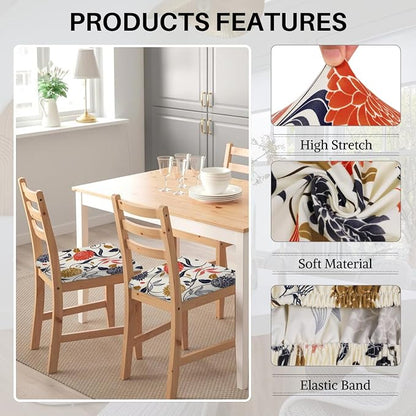 SearchI Water Repellent Seat Covers for Dining Chairs, 4 Pack Jacquard Stretch Dining Room Chair Seat Covers, Kitchen Chair Seat Covers Protectors(Orange Flower)