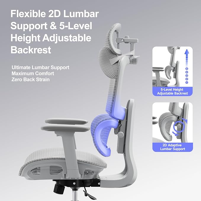Ergonomic Office Chair with 3D Headrest, Computer Chair with Adjustable Backrest & 3D Armrest, Gaming Chair with Adaptive Lumbar Support, Mesh Backrest & Cushion, Grey