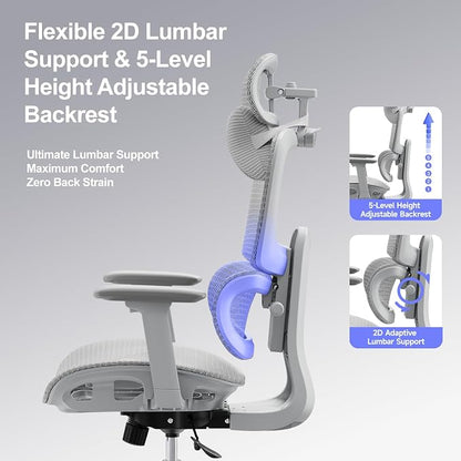Ergonomic Office Chair with 3D Headrest, Computer Chair with Adjustable Backrest & 3D Armrest, Gaming Chair with Adaptive Lumbar Support, Mesh Backrest & Cushion, Grey