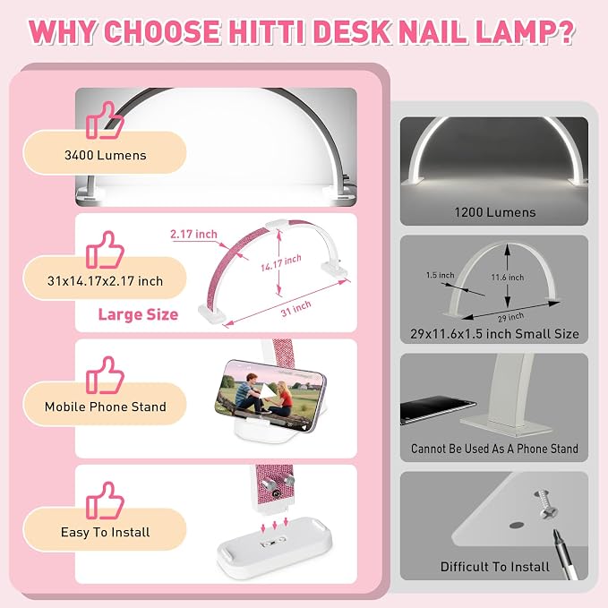 HITTI Super Large 31in Half Moon Light for Nail Desk, Foldable Arch Light for Nail Tech Lamp with Phone Stand, LED Table Lamp for Manicure, Handicraft, Art, Eyelash Extension (Crystal Diamond)-Pink