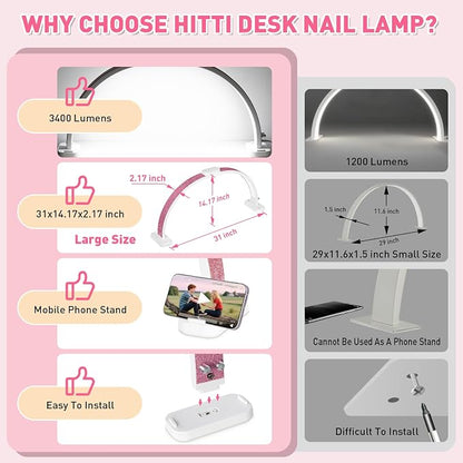 HITTI Super Large 31in Half Moon Light for Nail Desk, Foldable Arch Light for Nail Tech Lamp with Phone Stand, LED Table Lamp for Manicure, Handicraft, Art, Eyelash Extension (Crystal Diamond) -White