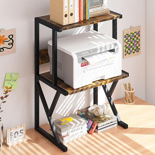 aboxoo Desktop Printer Stand with 3 Tier Wood Storage Shelves,Under Desk Printer Table,Multi-Purpose Home Office Desk Organizer for Fax Machine, Scanner (Brown)