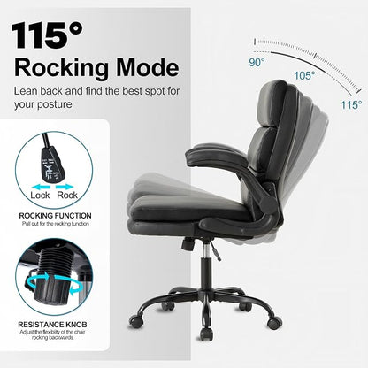 Mid Back Office Desk Chair,Leather Conference Room Chairs,Ergonomic Home Computer Chair,Modern Executive Chair with Padded Flip-up Armrest and Swivel Wheels (Black)