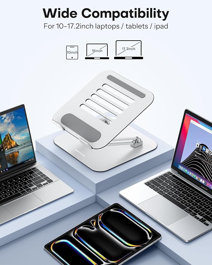 OMOTON Laptop Stand, Adjustable Metal Foldable Riser 10-17.2", Silver | Ergonomic Cooling Laptop Holder, Height Adjustable to 270mm for Sit-Stand, Portable Travel