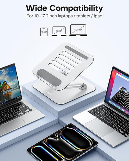 OMOTON Laptop Stand, Adjustable Metal Foldable Riser 10-17.2", Silver | Ergonomic Cooling Laptop Holder, Height Adjustable to 270mm for Sit-Stand, Portable Travel
