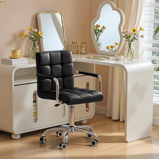 Furmax Vanity Office Chair with Wheels, Makeup PU Leather Executive Chair Modern Adjustable Home Desk Retro Comfortable Work Chair 360 Degree Swivel with Arms (Black)