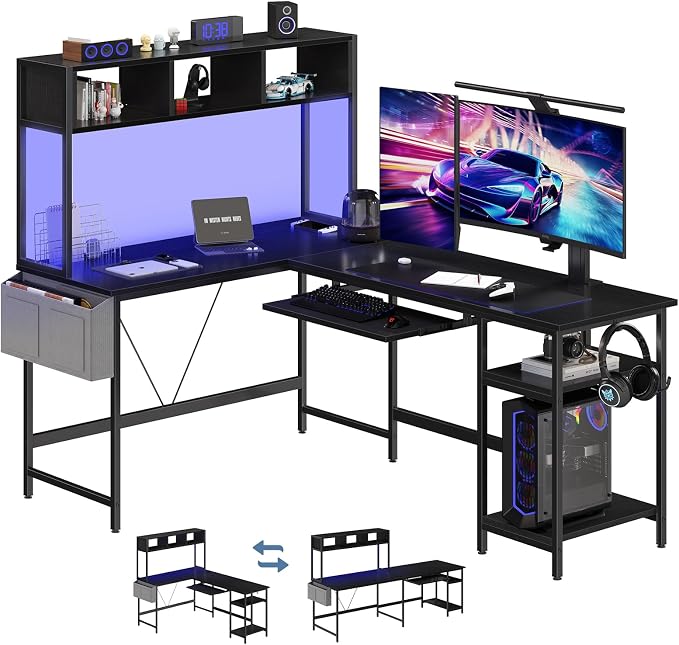 DUMOS 67" L Shaped Gaming Desk, Corner Desks for Compact Spaces with Keyboard Tray & Storage Shelf,Reversible Computer Desk with LED Lighting,Metal Frame PC Gaming Table for Home Office, Black
