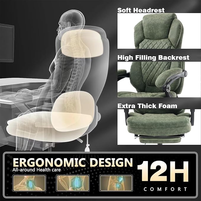 400lbs Reclining Office Desk Chair with Footrest, Mid-Century Modern Plus Size Green Leather Recliner Office Chairs