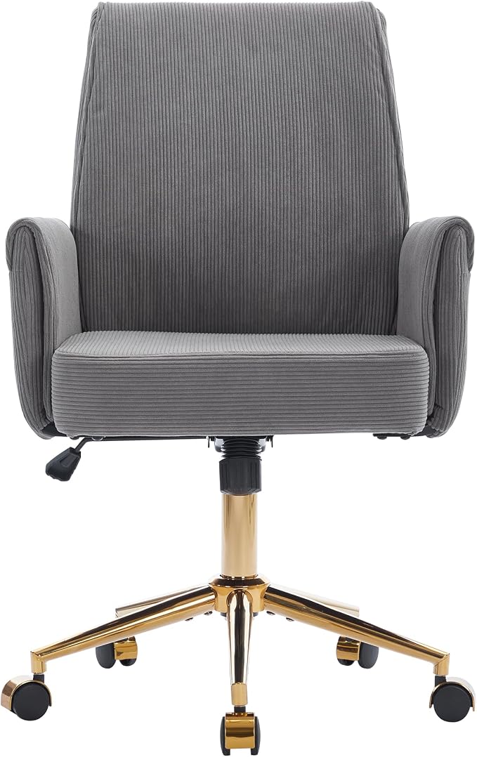 YITAI Stripes Velvet 360°Swivel Desk Chair, Modern Height Adjustable Home Office Armchair with Gold Base and Wheels for Vanity, Comfy Computer Chair for Study Living Room Bedroom（Gray）