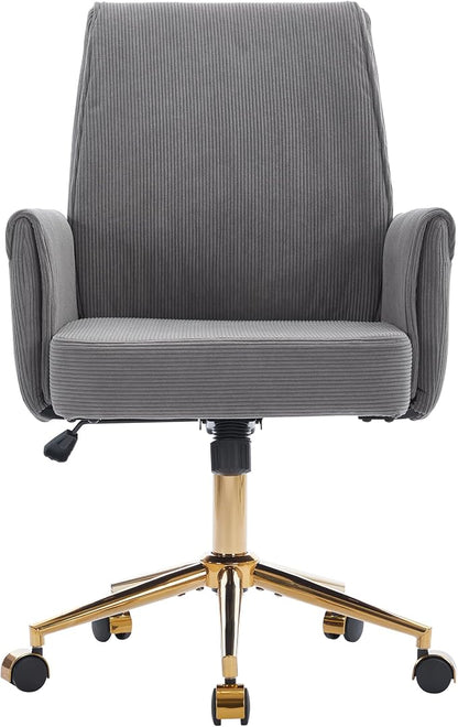 YITAI Stripes Velvet 360°Swivel Desk Chair, Modern Height Adjustable Home Office Armchair with Gold Base and Wheels for Vanity, Comfy Computer Chair for Study Living Room Bedroom（Gray）