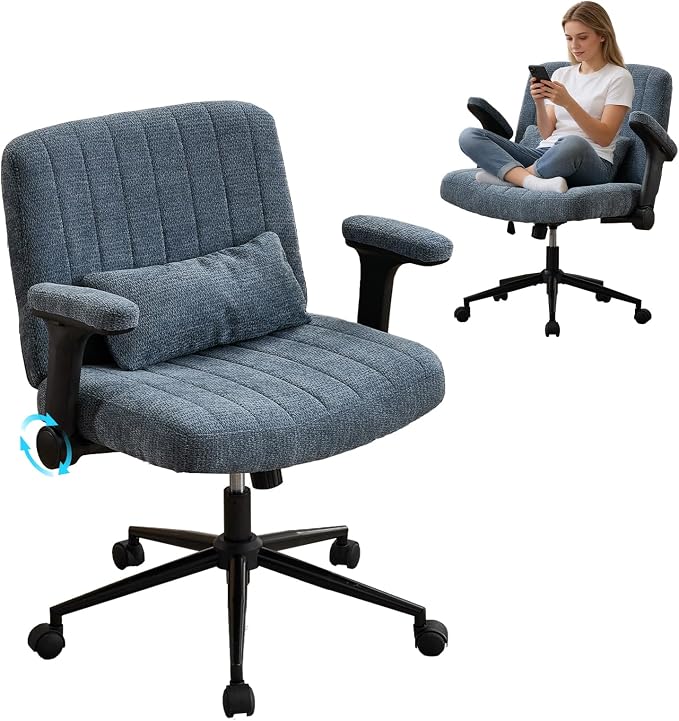 IPKIG Criss Cross Chair with Adjustable Flip-up Arms, Vanity Chair with Wheels, Comfy Desk Chair with Lumbar Pillow Swivel Wide Office Chair for Home Office, Bedroom, Chenille, Blue