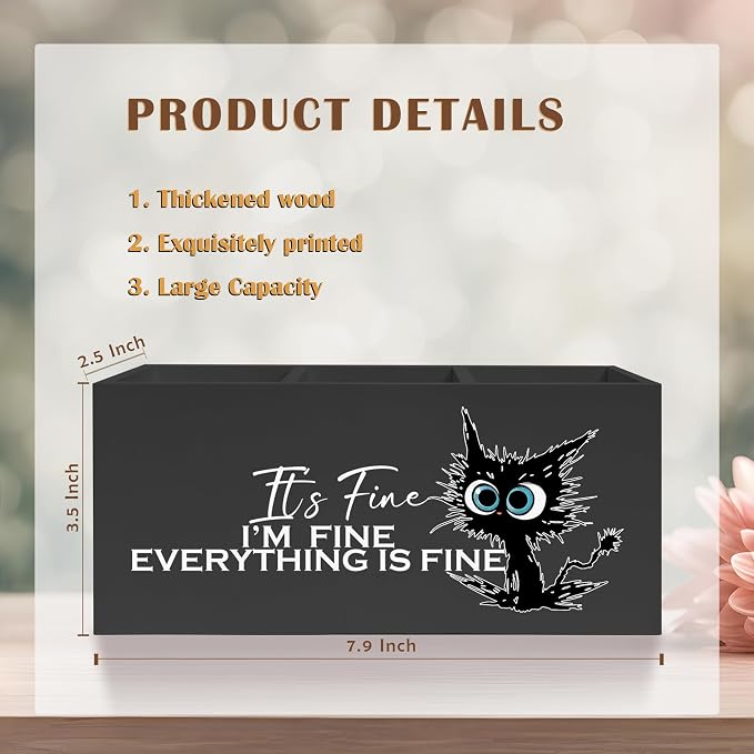 Funny Cute Black Cat Pencil Pen Holder for Desk, I'm Fine Everything Is Fine Wooden Pencil Holder Organizer for Home Office Desk Accessories, Funny Office Gifts for Coworkers, funny cat gifts