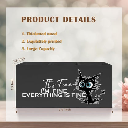 Funny Cute Black Cat Pencil Pen Holder for Desk, I'm Fine Everything Is Fine Wooden Pencil Holder Organizer for Home Office Desk Accessories, Funny Office Gifts for Coworkers, funny cat gifts