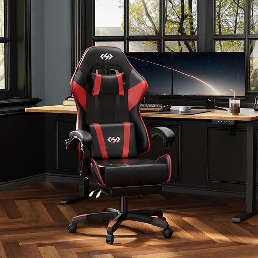 HLDIRECT Gaming Chair, Ergonomic Computer Office Chair with Lumbar Support Footrest Headrest, Adjustable Height & Backrest Angle Video Gamer Chair, PU Leather, 360° Swivel, Adult (Black&Red)