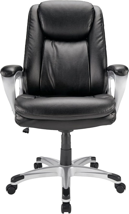 Realspace® Tresswell Bonded Leather High-Back Chair, Black/Silver
