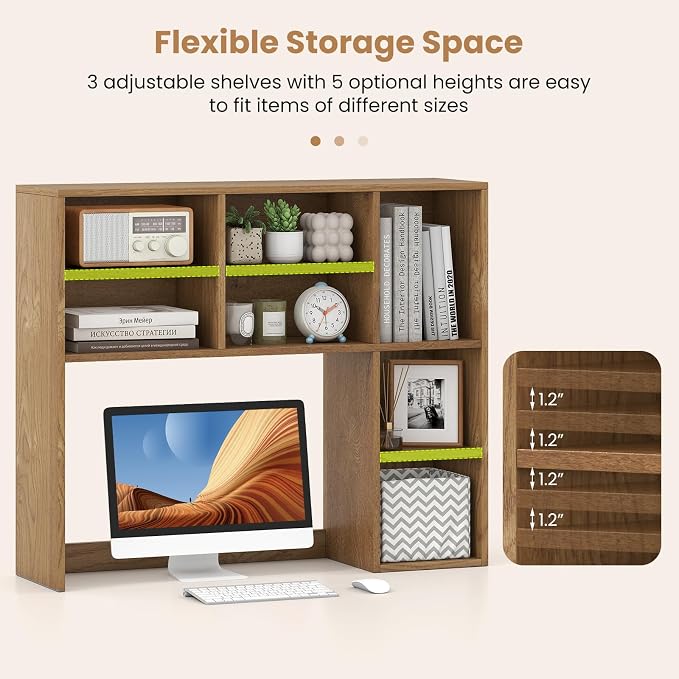GOFLAME 7 Cubes Desktop Bookshelf, 37” Desk Organizer Shelf with 3 Adjustable Shelves, 3-Tier Wood Countertop Display Rack, Multipurpose Tabletop Desk Hutch for Dorm, Home Office, Natural